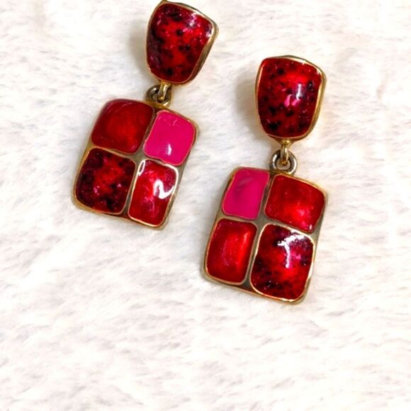 Vintage 1980's Pink & Gold Square Enamel Pierced Earrings - Picture 4 of 9